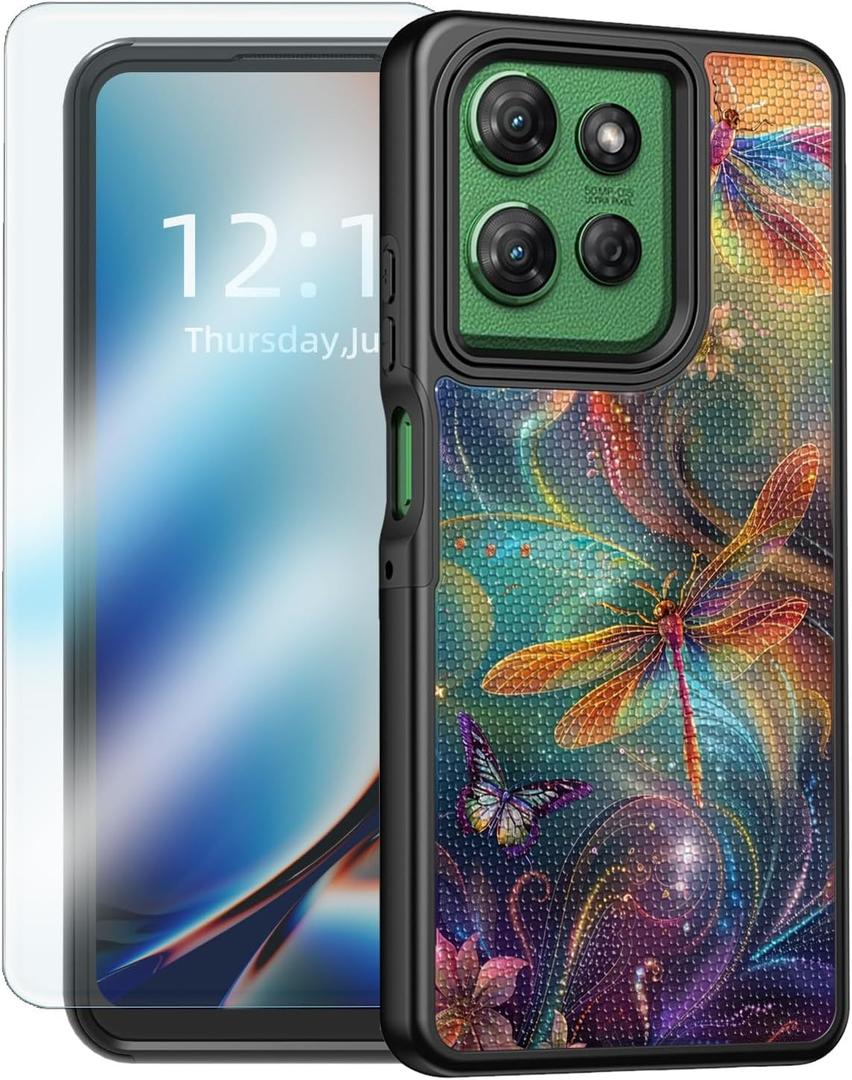 for Motorola Moto G 5G 2025 Phone Case with Screen Protector, Dragonfly Case for Moto G 5G 2025 Hard PC Polka Dot Rear Design Anti-Slip, Military-Grade Drop Protection Phone Cover