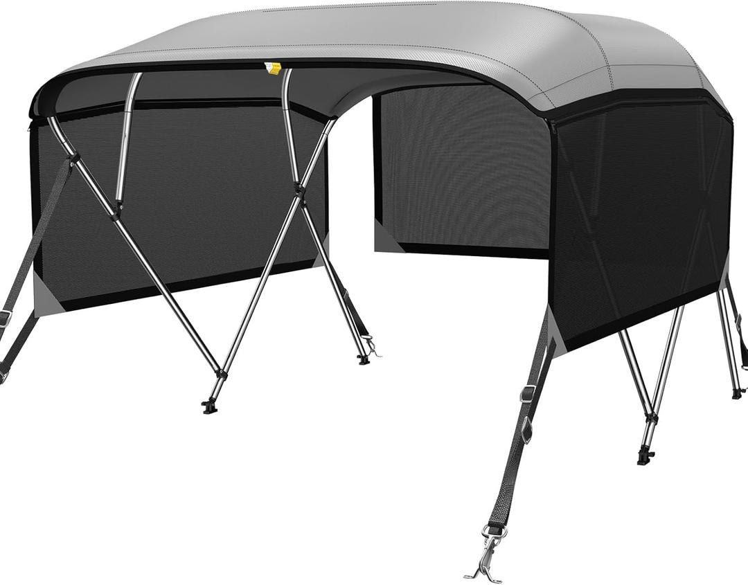 KAKIT 3 4 Bow Bimini Tops for Boats with 3 Mesh Sidewalls Rear Support Poles Boat Canopy Includes Straps Storage Boot, Dark Gray