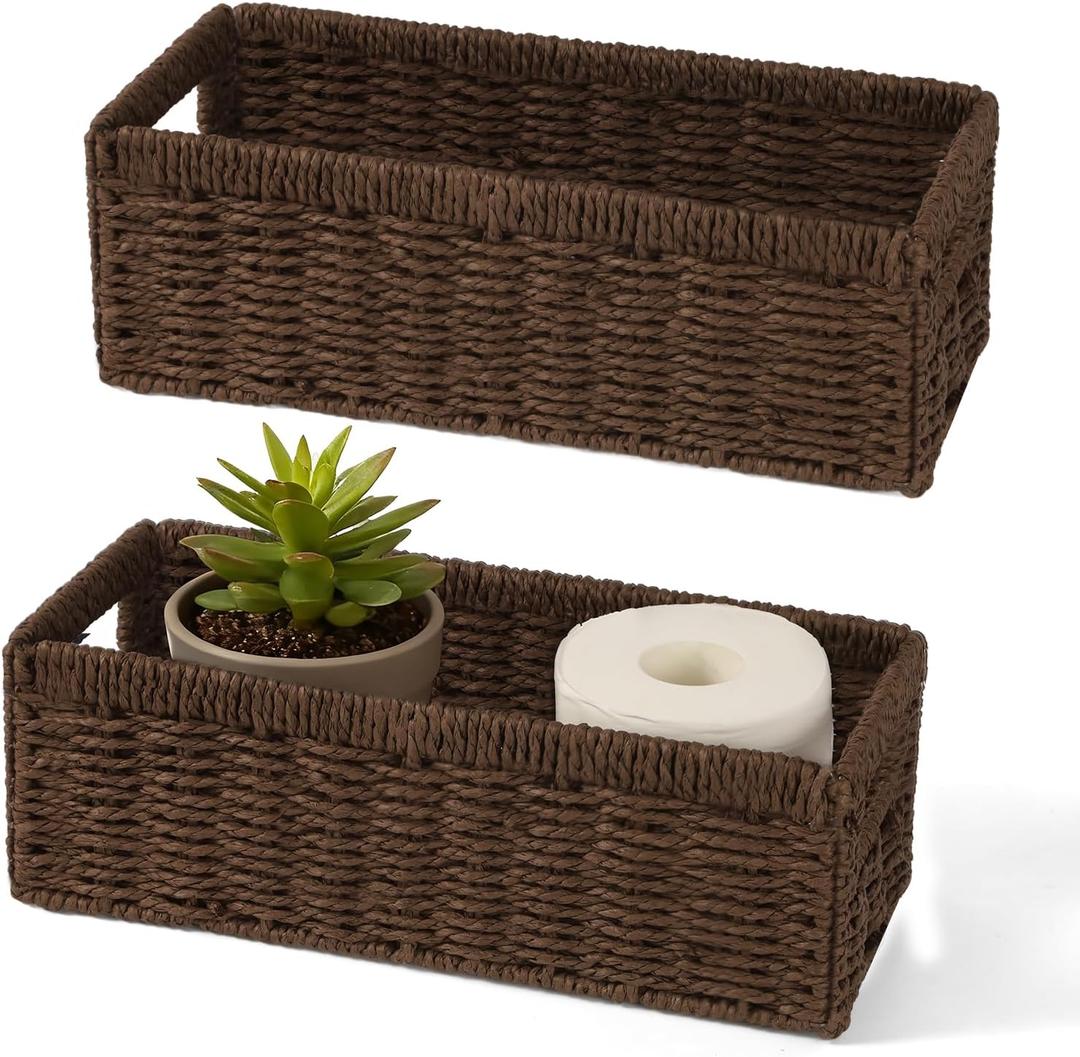 Maqauai Paper Rope Wicker Storage Baskets with Handles, 2 Pack Foldable Storage Basket, Rectangle Brown Wicker Basket for Pantry Shelves, Toilet Paper Storage Basket for Bathroom, Brown