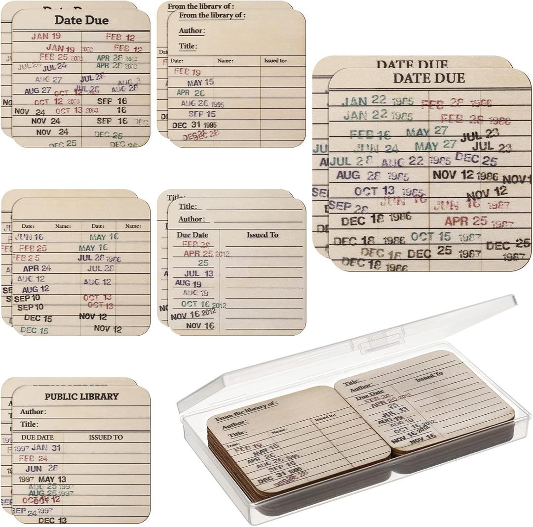 12 Pcs Library Card Coasters Book Club Gifts, Library Due Date Card Coasters Vintage Book Lover Librarian Gifts for Women Men Office Classroom Graduation Back to School Christmas Table Decorations