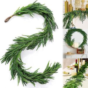 Christmas Decorations Artificial Norfolk Pine Garlands 6FT, Real Touch Winter Pine Garland, Green Artificial Greenery Garland for Table, Mantle, Wall, Indoor, Outdoor Decorations