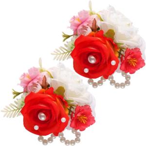 Wrist Corsage and Boutonniere Set, Artificial Rose Corsage Wristlet and Boutonniere for Wedding Prom Party (Red-White, 2pcs Wrist Corsage)