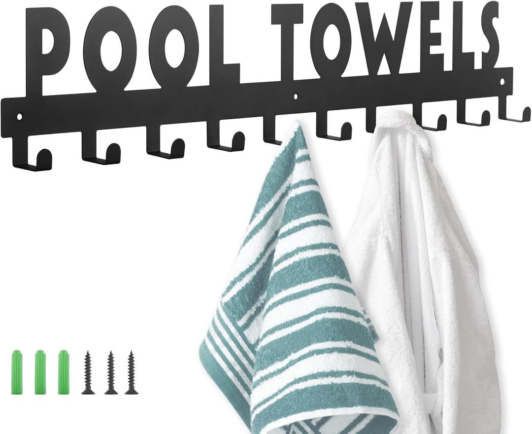 IBosins Large Pool Towel Rack with 10 Hooks, Towel Holder Wall Mounted for Outdoor, Towel Hanger for Hanging Bathrobes, Towels, Clothes - Perfect Pool Area Outside Sign and Decor (Black)