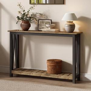 ChooChoo Farmhouse Console Table, Rustic Vintage Narrow Sofa Table for Entryway, Living Room, Hallway, 47 Rustic Oak & Black (11.8"D x 47.2"W x 31.5"H)