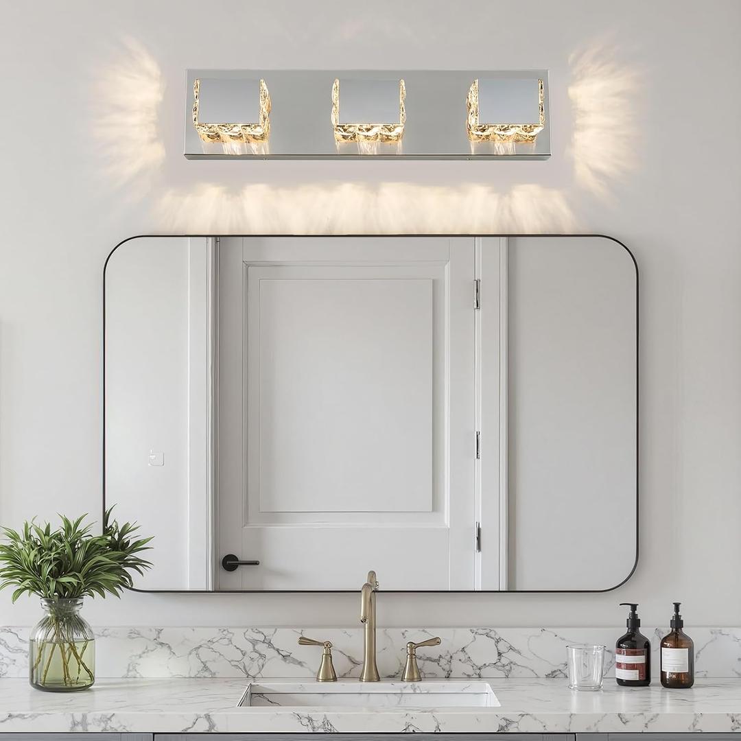 3-Light Bathroom Light Fixtures,Modern Crystal Bathroom Vanity Lights Fixture Over Mirror, Crystal 3 Lights Wall Sconce for Mirror Bedroom, Living Room