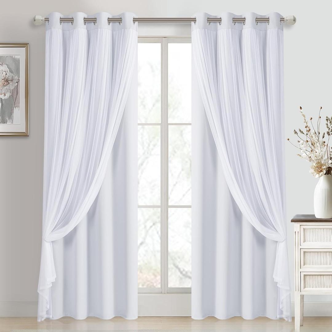 DWCN White Blackout Curtains with Sheer Overlay Thermal Insulated Mix & Match Double Layer Window Panels for Bedroom Living Room Drape Sewn with Tiebacks Grommet Top 52" Wx84 Lx2