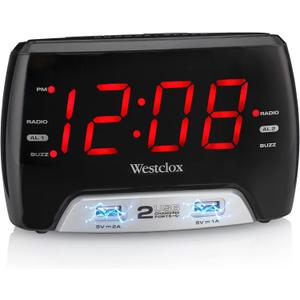 Westclox Large 1.4 Red LED Digital FM Clock Radio with Dual USB A & C Charging Ports, Adjustable Brightness, Dual Alarms & Sleep Timer  Modern Alarm Clock for Bedroom, Home, or Office (Black)