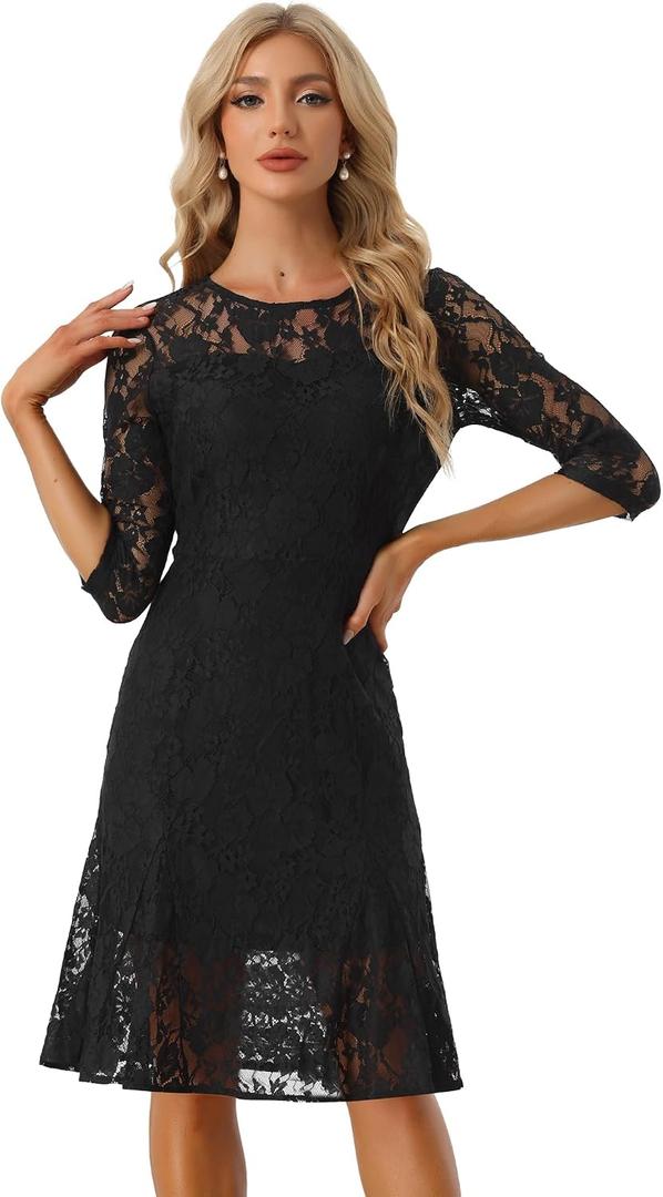 Allegra K Elegant Lace Dress for Women's 3/4 Sleeves Ruffles Bodycon Fishtail Dress, XL
