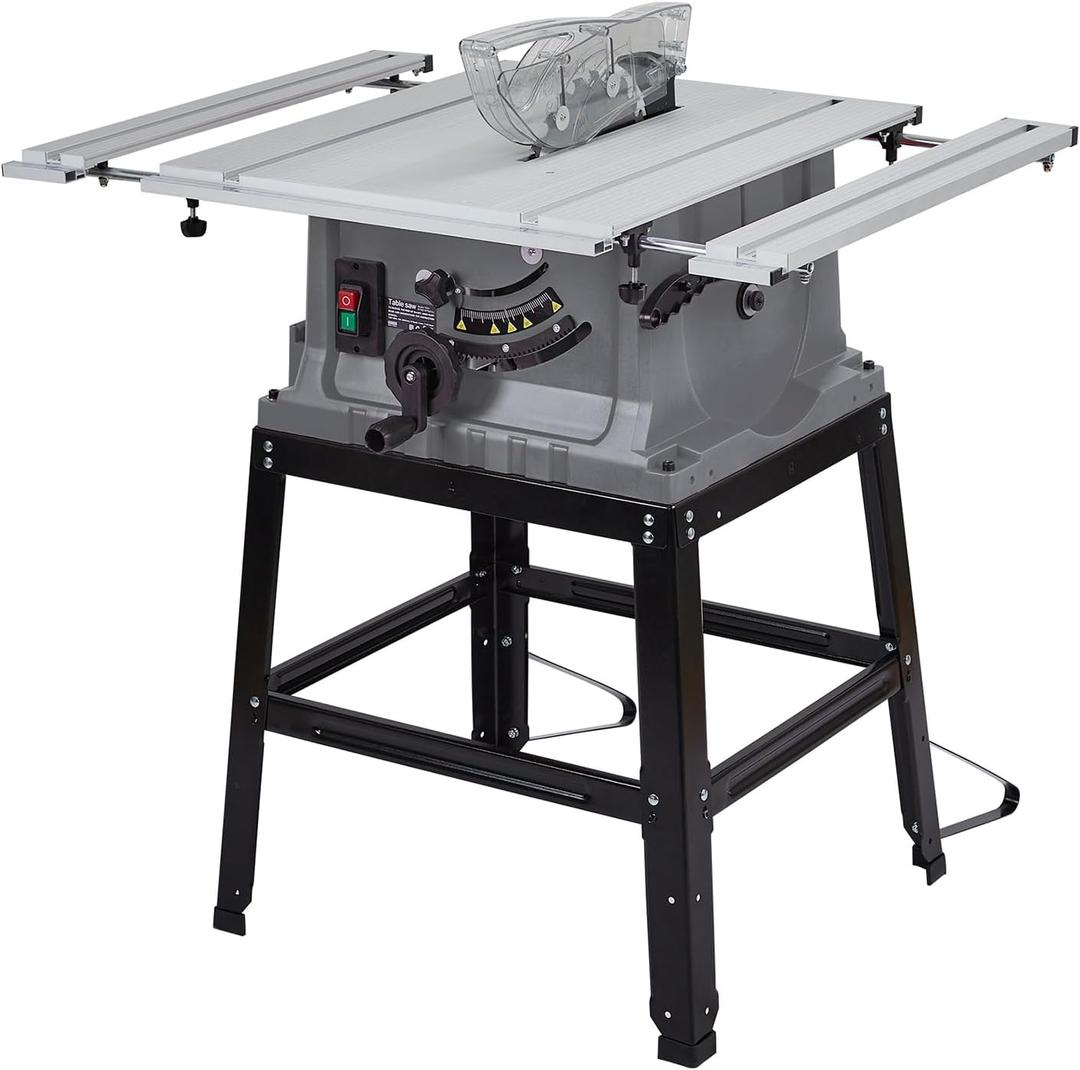Table Saw, 10 Inch 15A Multifunctional Saw With Stand & Push Stick, 90 Cross Cut & 0-45 Bevel Cut, 5000RPM, Adjustable Blade Height for Woodworking, Grey