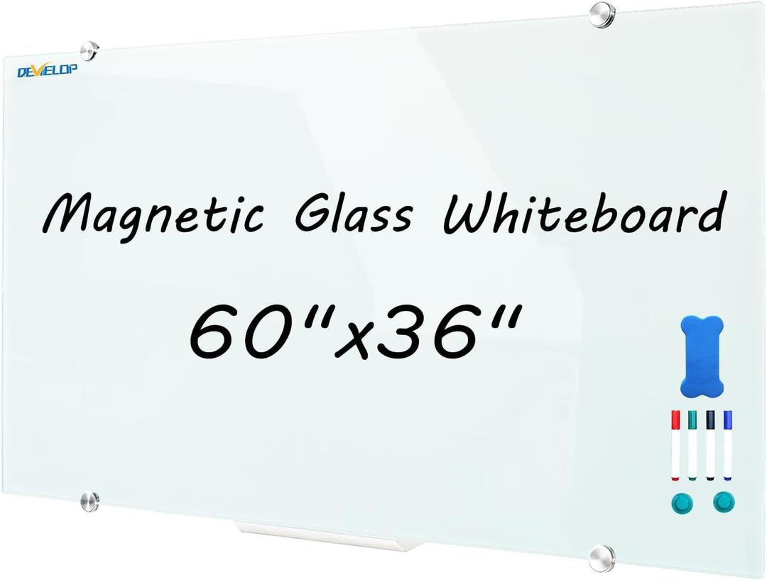DEVELOP Large Magnetic Glass Dry Erase White Board, 60 x 36 Inch (150 x 90 cm), Frameless Glass Whiteboard on wall, Frosted White Surface, Including 4 Markers, 2 Magnets, 1 Eraser