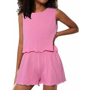 Girls' Summer 2 Piece Outfits Wide Leg Shorts Sets and Sleeveless Tank Tops Hot Pink 11-12Y (Pink)
