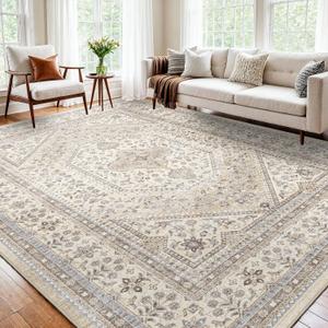 10x12 Area Rug for Living Room: Large Washable Oriental Rugs for Bedroom Non Slip Backing Stain Resistant Indoor Soft Floor Carpet for Dining Table Nursey Dorm Kitchen Low Pile Beige/Gray