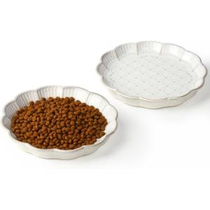 Ceramic Cat Bowls Embossed, Set of 2 Shallow Cat Bowl for Food and Water, 6.1 inch Whisker Friendly Cats Dish Pet Food Plates for Small Dog Puppies and Cats