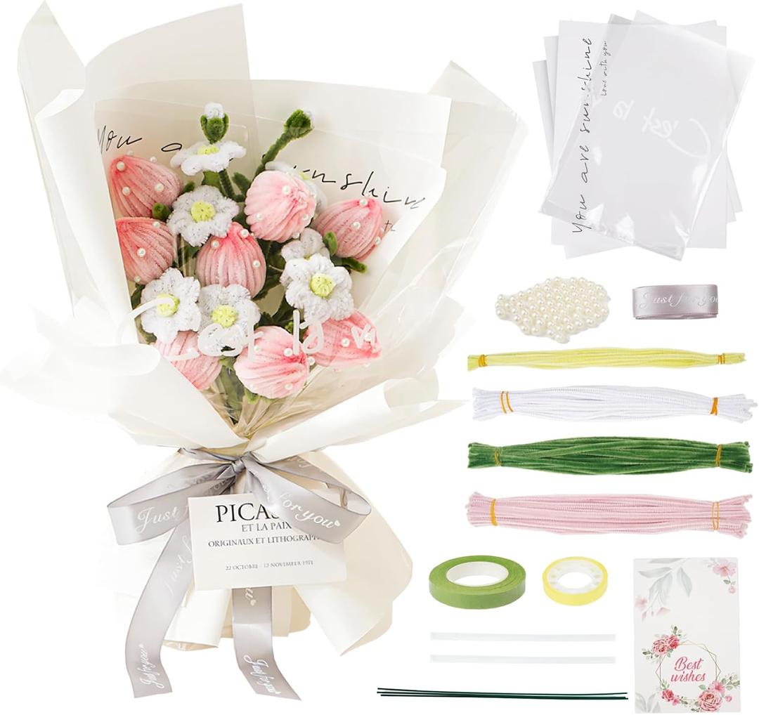 Aodes 128 Pieces Pipe Cleaners Craft Supplies for Wedding Gift, DIY Chenille Stems Strawberry Bouquet Kit with Step-by-Step Video Tutorials for Holiday Decoration