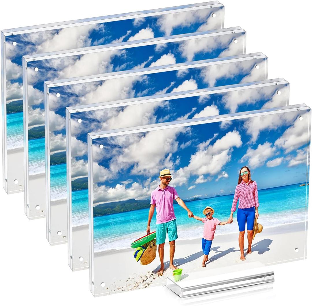 5 Pack 5x7 Magnetic Acrylic Picture Frame, Clear Double Sided Frame with Base, Frameless Floating Lucite Photo Frame Stands on Desk Table Horizontally or Vertically