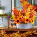 Winlyn 10" Fall Floral Arrangement in Galvanized Metal Oval Planter Artificial Autumn Harvest Maple Leaf Floral Stems Faux Potted Plants Table Centerpiece for Farmhouse Wedding Home Mantel Dcor