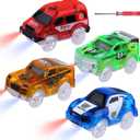 Tracks Cars Magic Light Up Track Cars Toy Glow in The Dark for 3 4 5 6 7 8 Kids Boy Girl, Race Cars with 5 LED Flashing Light Battery Operated Vehicle Compatible w/Most Tracks (4Pcs)