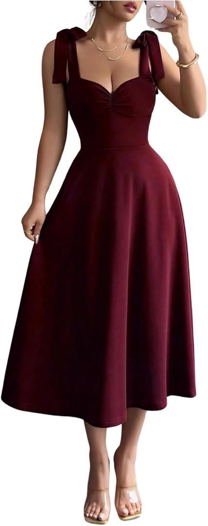 Floerns Women's Elegant Wedding Guest Dresses Bow Flare Ruffle Cocktail Party Summer Midi Dress (Brown, M)