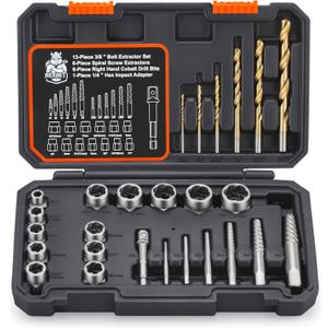 REXBETI 26-Piece Bolt Extractor Screw Extractor Set and Cobalt Drill Bit Set, Case with 13-Piece Bolt Extractor, 6-Piece HSS Drill Bit, 6-Piece Spiral Screw Extractor and 1-Piece Socket Adapter