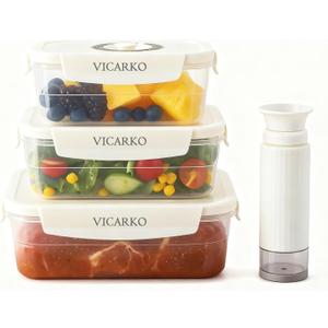 VICARKO 3-Piece Stackable Vacuum Food Storage Containers Set with Hand Pump, 17 oz/ 34 oz/ 68 oz, White, BPA-Free, Airtight, Leakproof, Date Tracker