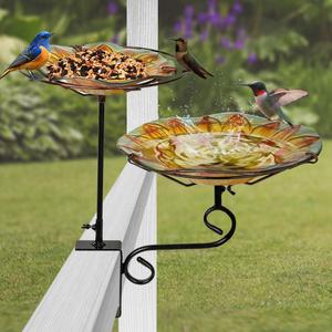 2-in-1 Deck Mounted Bird Bath for Outside Glass Birdbath Bowl & Birdfeeder with Adjustable Sturdy Metal Clamp for Railing Balcony 11" Dia, Sunflower (Yellow)