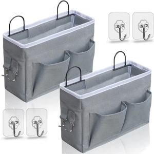 2pcs Middle Wall Hanging Organizer Bag, Linen Fabric Door Hanging Storage Basket with Pockets, Waterproof Bin for Kitchen, Bedroom, Office, RV Camper (Gray)