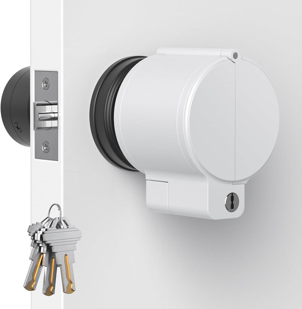 AST Door Knob Lockout Device with 3 Keys, Childproof Door Knob Covers, Lock Out to Smart Doorknob. Safety Cover for Faucet, Valve, Spigot. Prevent Access to Keyhole, Matte White with Brass Keys