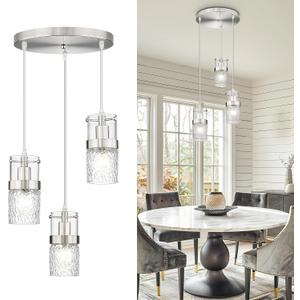 LMS 3-Light Brushed Nickel Cluster Pendant Light Fixtures, Industrial Hanging Pendant Light, Modern Chandelier Lighting for Kitchen Island, Bathroom, Bedroom, LMS-198 (Silver -Hammered Glass)