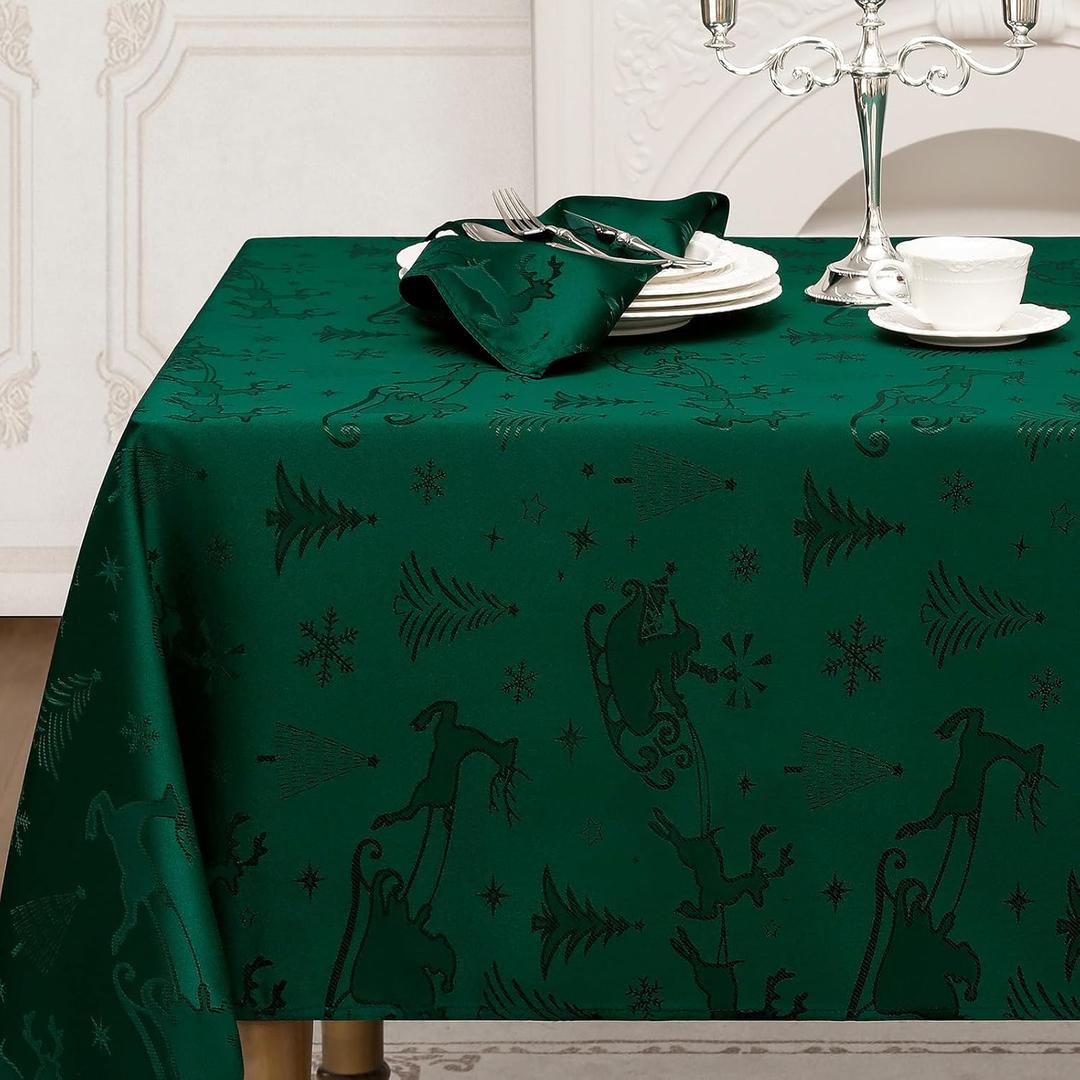 Romanstile Green Jacquard Christmas Rectangle Tablecloth for 6ft Tables, Reindeer Xmas Tree Pattern, Luxurious Table Cloths Waterproof Table Cover for Holiday Parties&Dining Events (60 x 84 inch)