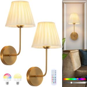 Cordless Wall Sconces Set of 2, Dimmable 15 Colors Rechargeable Battery Operated Wall Sconces, Wireless Gold Vintage Wall Sconce with Fabric for Bedroom Living Room Hallway Wall Decor
