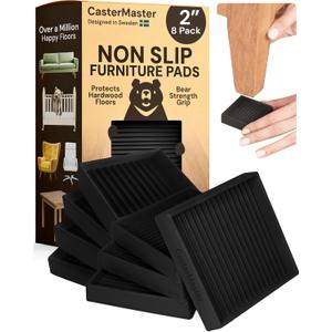 CasterMaster Non-Slip Furniture Pads Square Rubber Anti-Skid Caster Cups, Anti-Sliding Floor Protectors for Furniture (Black, 2'' x 2'' (Pack of 8)