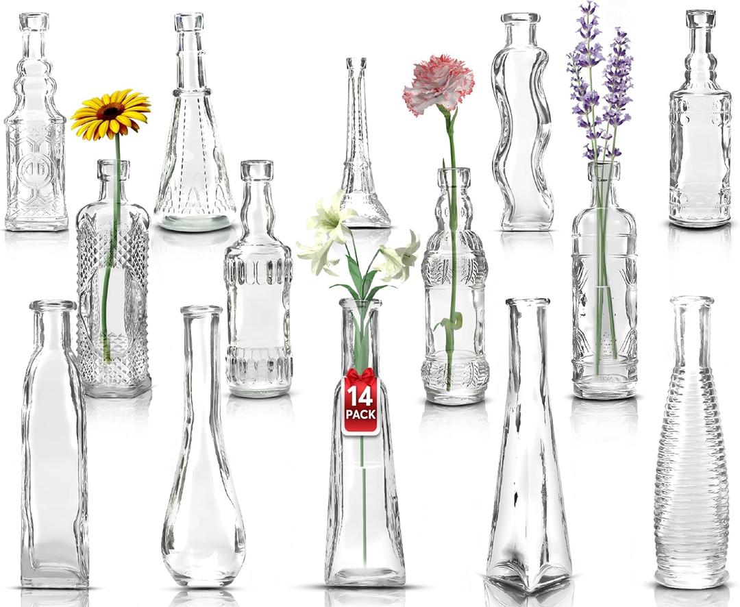Small Vintage Glass Bottles with Corks, Mini Vases, Decorative Glass Bottle, Potion Bottles, Assorted Design - Set of 14 Assorted Design 5oz 6.5-7 inch Tall 1.8-2.inch Wide.