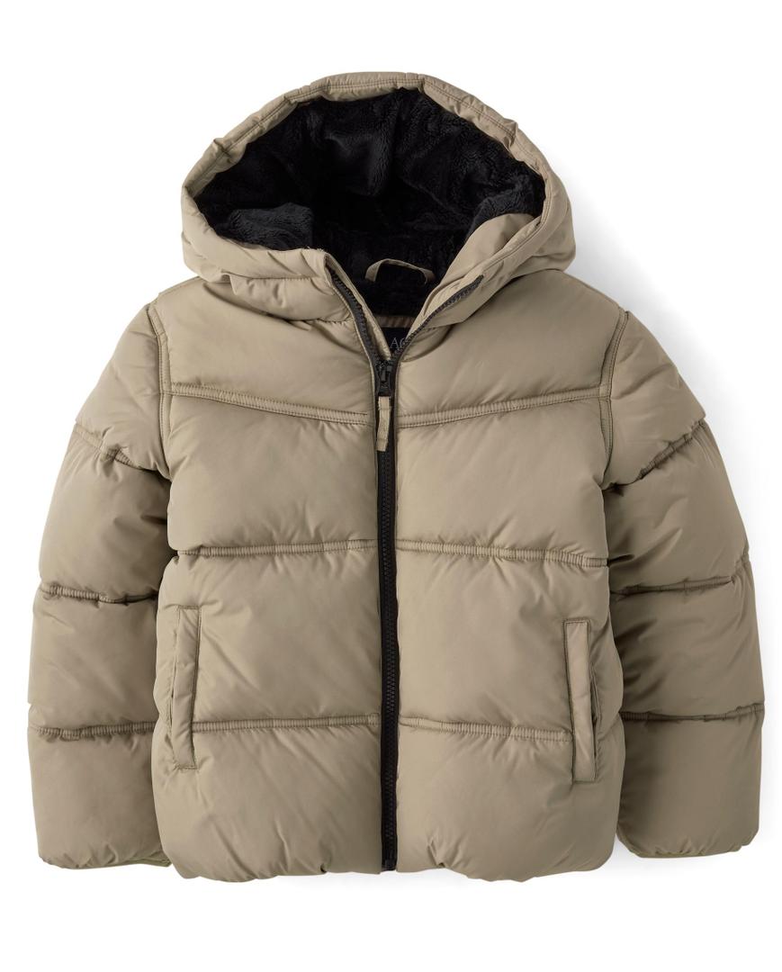 The Children's Place,Boys,Water and Wind Resistant Hooded Zip Front Puffer Jacket, Faux Fur Lined, Chinchilla, X-Small