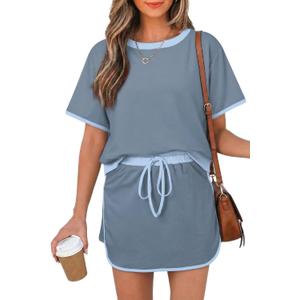 Opemiby Women's 2 Piece Sets Summer Casual Short Sleeve Tops and Matching Drawstring Skort Going Out Gray Blue Lounge Outfits 2XL