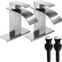FRANSITON Brushed Nickel Waterfall Bathroom Faucet Lavatory Single Handle 1 or 3 Hole Bathroom Sink Faucet Washbasin Faucet with Deck and Pop-up Drain (Brushed Nickel- Set of 2, Short)