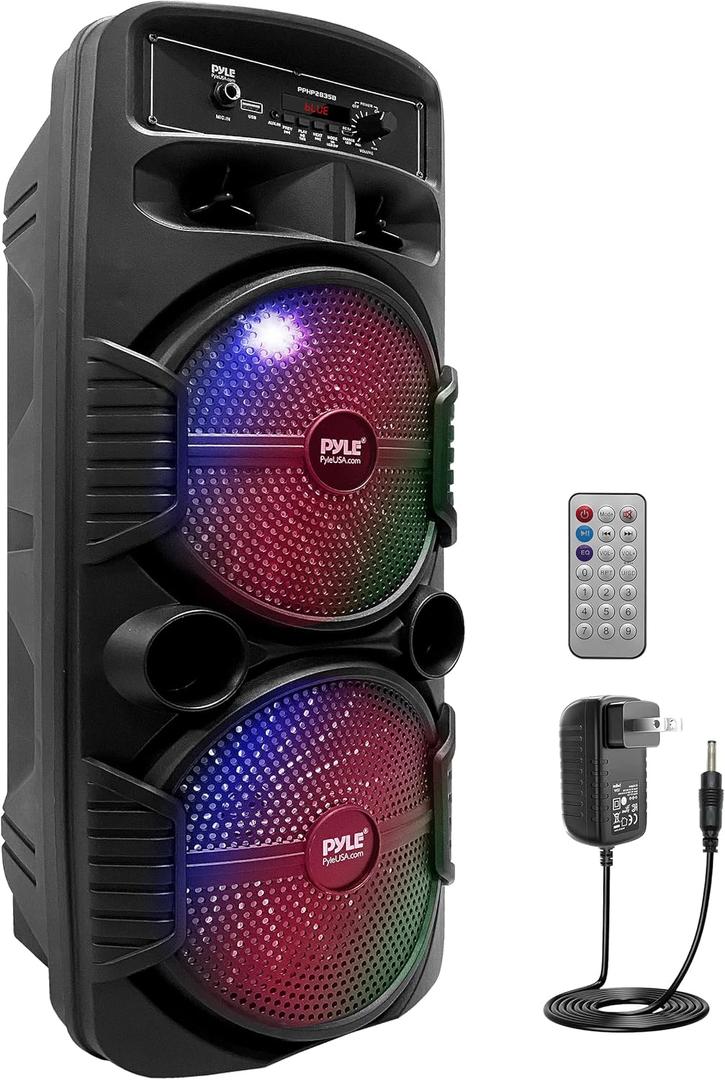 Pyle Portable Bluetooth PA Speaker System -600W Rechargeable Outdoor Bluetooth speaker Portable PA System w/ Dual 8" Subwoofer 1" Tweeter, Microphone In, Party Light, USB, Radio, Remote - PPHP2835B.