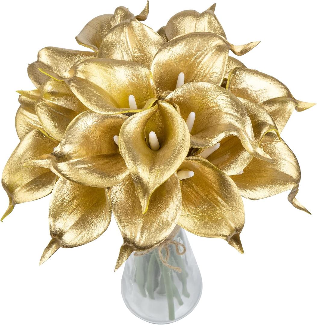 20Pcs Fake Calla Lily Flowers Real Touch Latex Artificial Calla Lilies Flowers for Home Wedding Bouquet Baby Shower Centerpieces Party Decor (Gold)