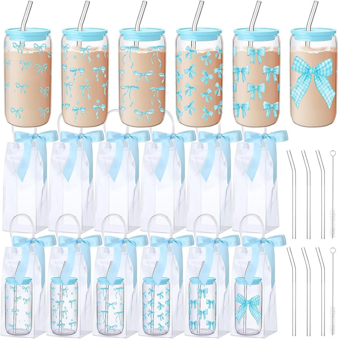 Skylety 6 Sets Blue Bow Aesthetic Cup Coquette Glass Iced Coffee Cups with Lids and Straws Clear Gift Bag 16 oz Reusable Beer Tumbler Gifts for Tea Cocktail Women Party Supplies(Plastic Lid)