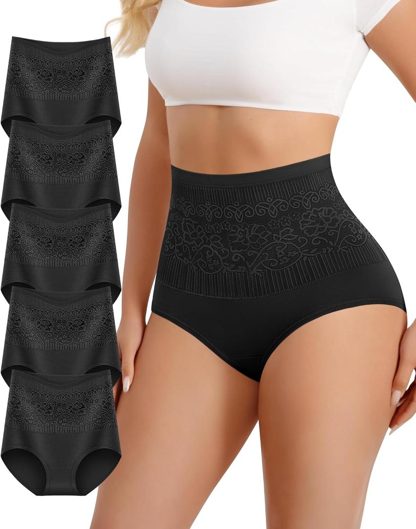 Women's Cotton High Waisted Underwear Stretch Panties Full Coverage Postpartum Soft Briefs Breathable 5 Pack (X-Large, Black)