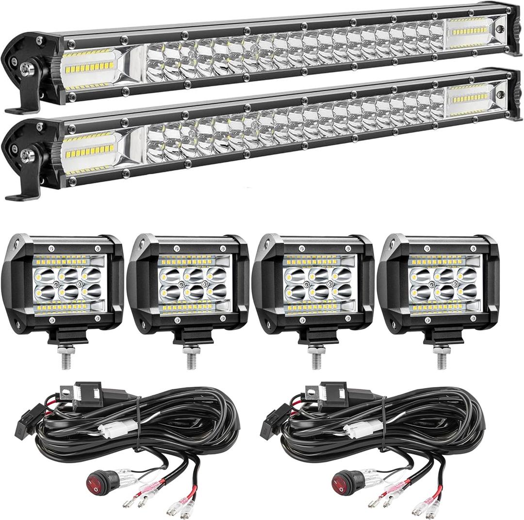 LED Light Bar Kits for Truck, 2 Pcs 20 Inch Spot Flood Beam Slim Light Bars, 4 Pcs 4 Inch LED Pods, 12V 24V Off-Road Driving Work Fog Lights for SUV ATV Tractor Pickup Golf Cart with Wiring Harness