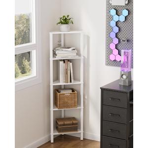 Corner Shelf, 5-Tier Corner Bookshelf, Narrow Display Shelf with Storage Rack,Wood Corner Book Shelf for Living Room, Bedroom, Office, White