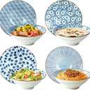 Ramen Bowls Set of 4, 8 Inch 38oz Porcelain Noodle Bowls for Pho, Ramen & Soup, Large Ceramic Ramen Bowl Set Microwave & Dishwasher Safe, Japanese Blue and White Style (Pattern-2)