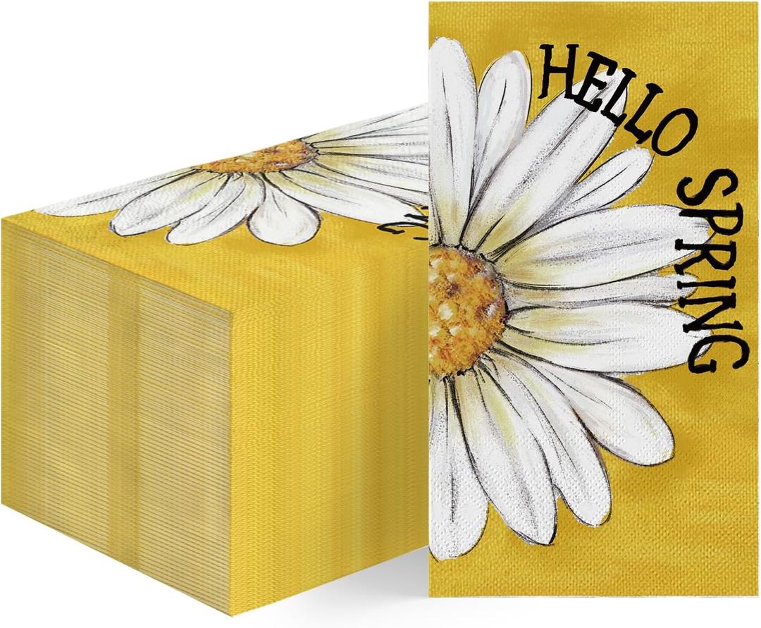 2 x Horaldaily 100 Spring Summer Disposable Paper Decorative Guest Napkins, White Daisy Hand Towel for Party Lunch Dinner Kitchen Bathroom Decoration