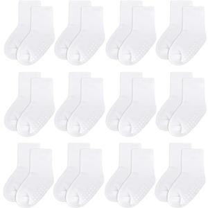 jealkip 12 Pack Baby Socks and Toddler Socks,Soft Cotton Crew Socks with Non-Slip Grips for Infants,Boys and Girls,2-4T,(White)