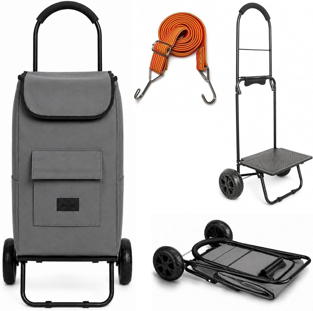Shopping Cart, Super Loading Grocery Trolley, 220 lbs Capacity, Foldable Cart with Extra Large 55L Shopping Bag Portable Grocery Utility Cart with Adjustable Bungee Cord (Gray)