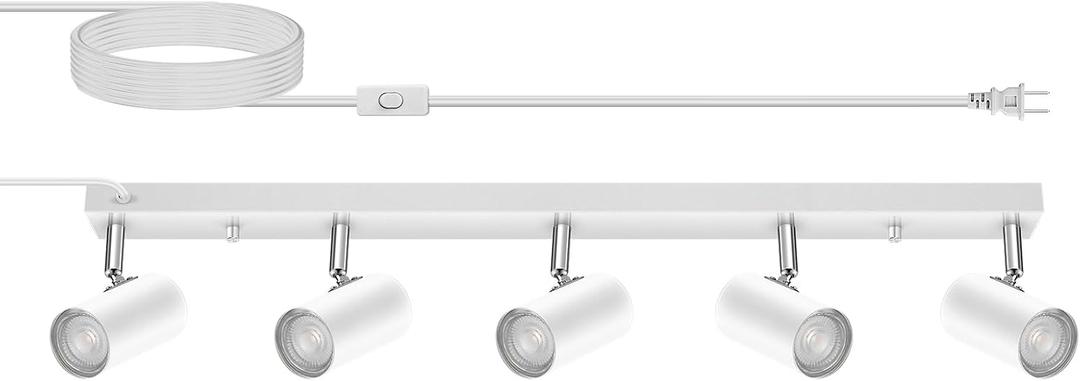 AUQUEE 5 Light Track Lighting Kit,White 5 Way Modern Plug in Ceiling Spotlight,Industrial LED Wall Light for Kitchen Cabinet Gallery Bar Hallway Living Room,Rocker Switch,15 Foot Cord(No Bulb), Large
