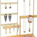 Jewelry Organizer Stand, Jewelry Holder, Lengnoy 4 Tier Earring Holder with 48 Holes and 6 Hooks Necklace Organizer Wood Box for Necklace Bracelet Earring Ring, Gold (11 IN)