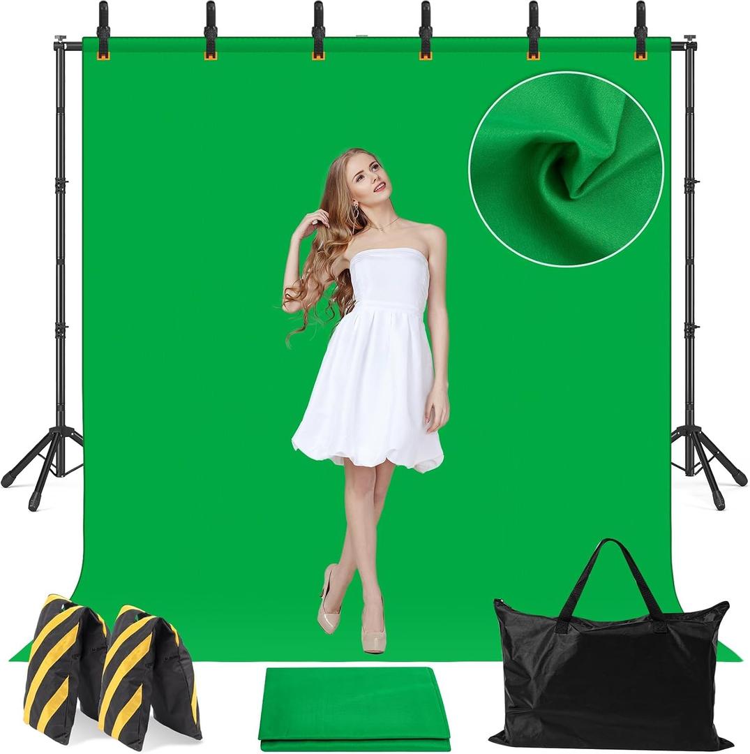 10x7.5 Photography Backdrop Stand Kit with Green Screen Backdrop, Photo Backdrop Stand Kit for Video Streaming, and Live Broadcast, Background Stand Kit with Sandbags, Clips, Carring Bag