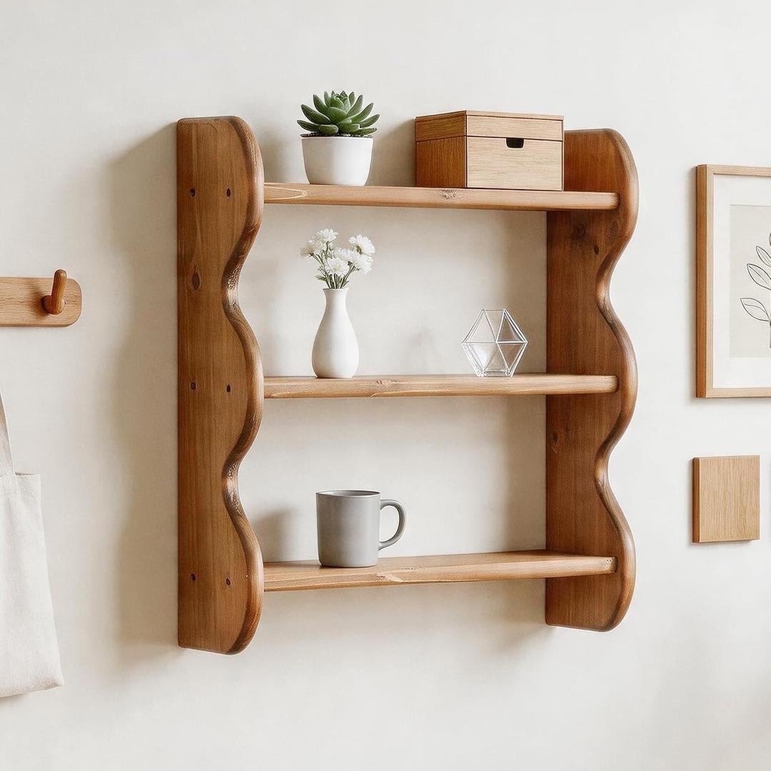 Vintage Wooden Wall Shelf, 100% Solid Wood 3 Tier Wall Shelves, Rustic Wall Mounted Home Decor Trinket Shelf Display Shelves for Apartment, Kitchen and Bedroom