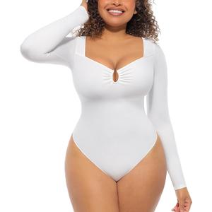 FeelinGirl Shapewear Bodysuit for Women Long Sleeve Tummy Control Body Suits Seamless Thong Body Shaper (X-Large, White)